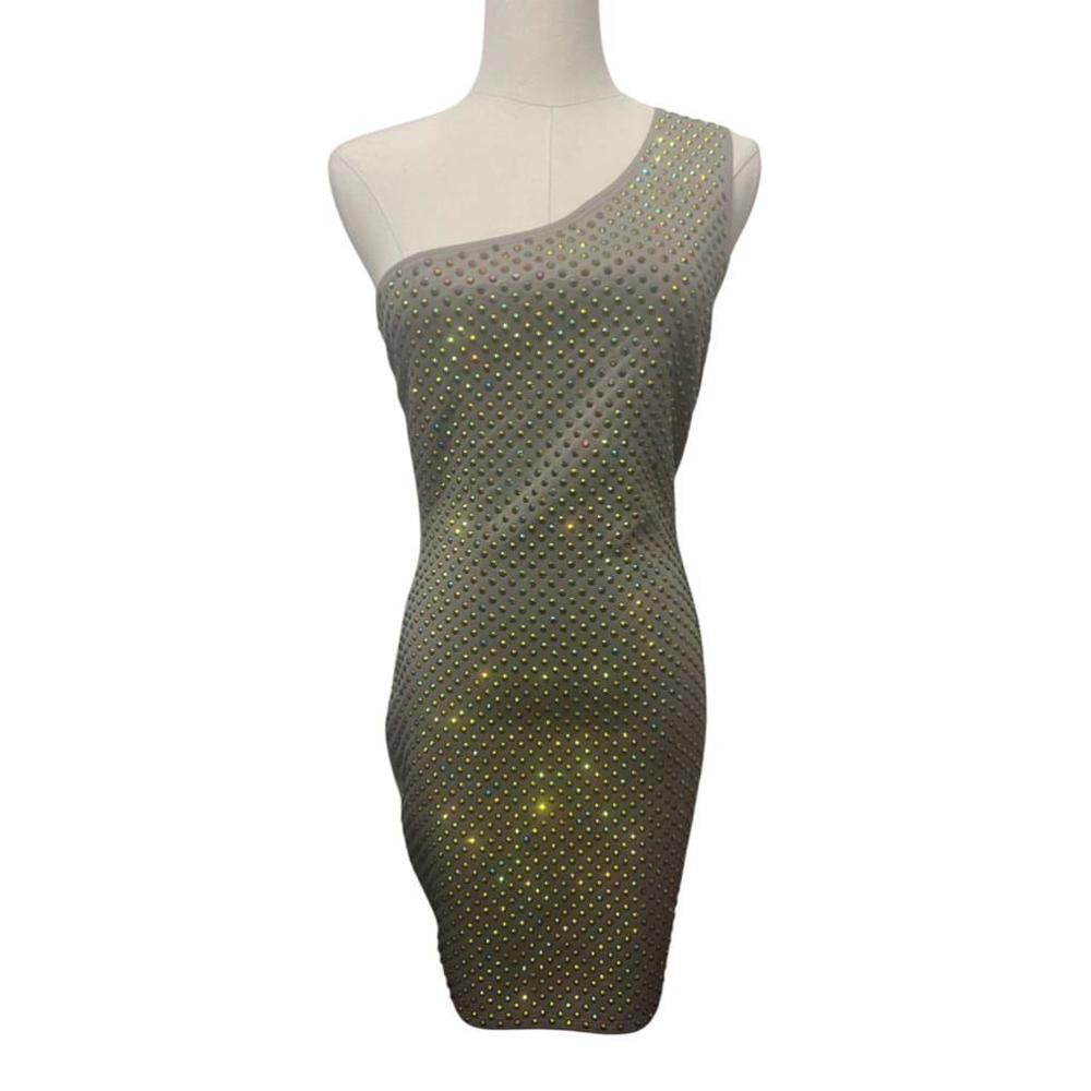 Fashion Nova one shoulder strap dress with iridescent stones.